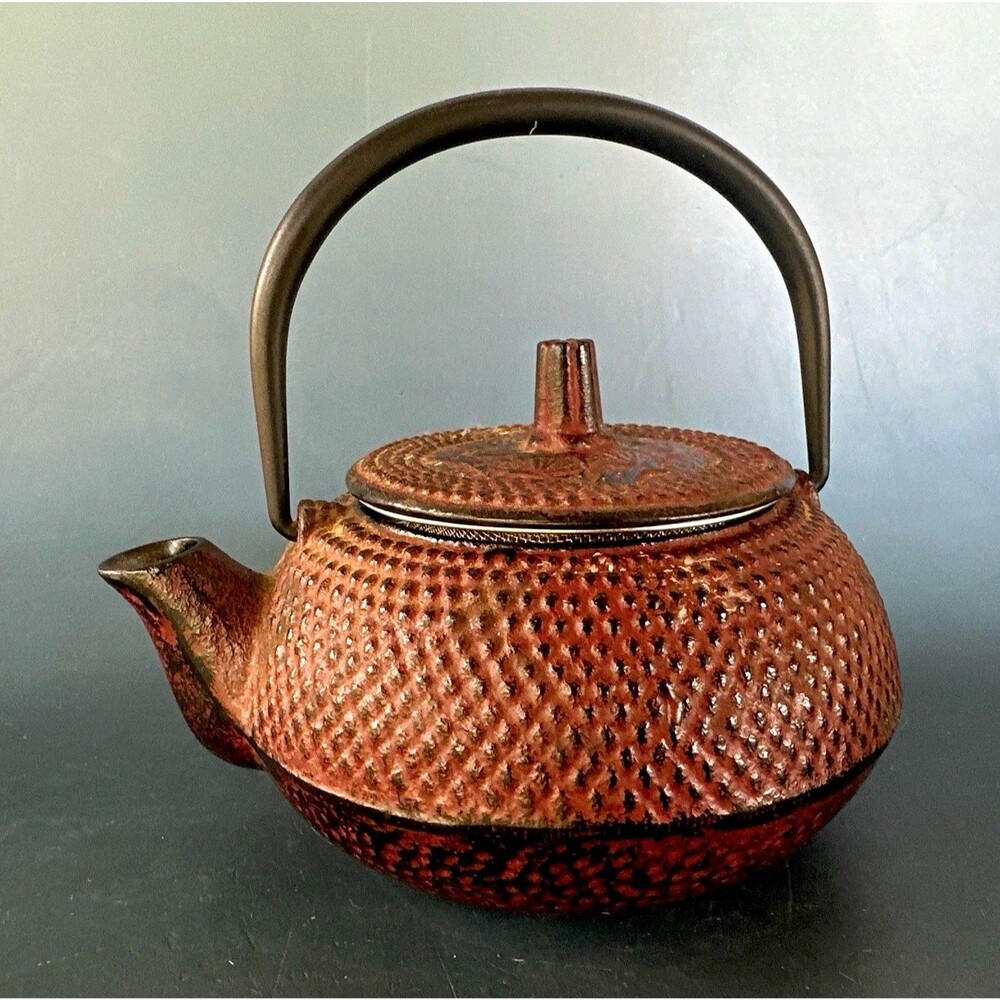 VTG Japanese Cast Iron Teapot Tetsubin Hobnail Red Black Nanbu Bunshudo Signed